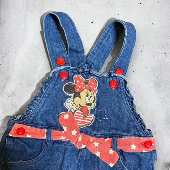 y2k Disney Minnie Mouse Denim Ruffled Belted Short Overalls Size 3T - Picture 2 of 6